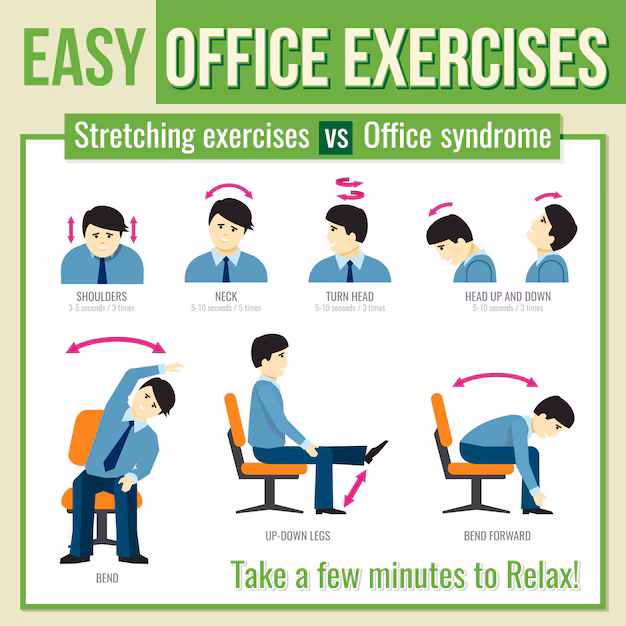 Illustration of simple stretches at a desk